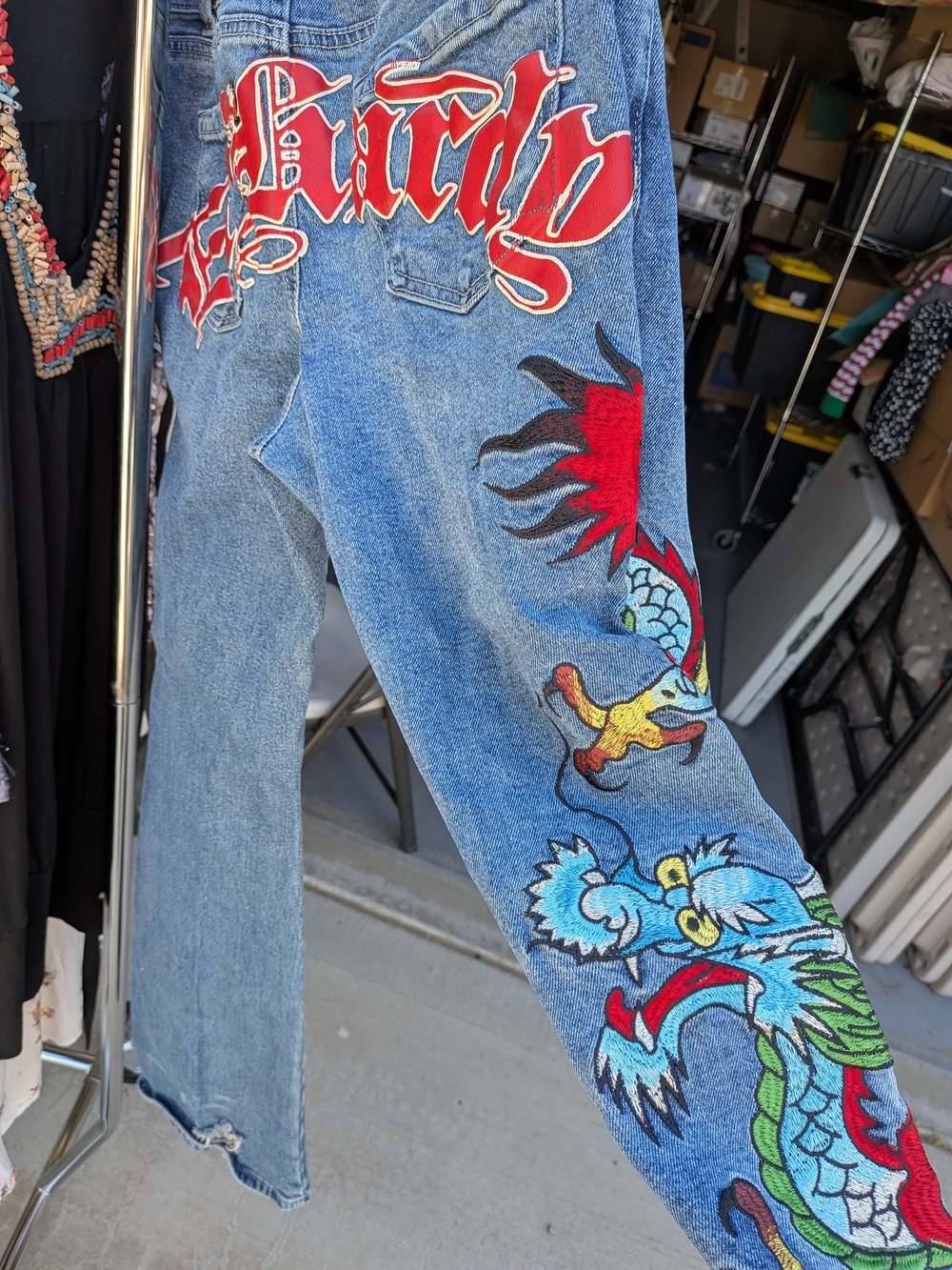 Ed Hardy Embroidered Dragon Denim Jeans - Blue & Red - Picture 6 of 8